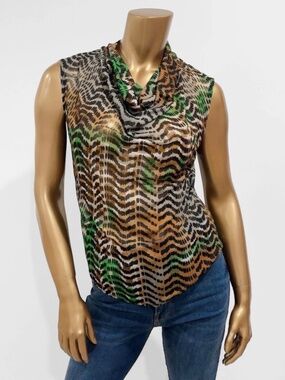 Worthington Women's Printed Cowl Neck Mesh Stretch Sheer Sleeveless Top Size S
